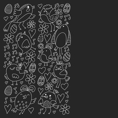 Pattern kids fabric, textile, nursery wallpaper. Vector illustration. Hand drawn singing birds and flowers for little children.
