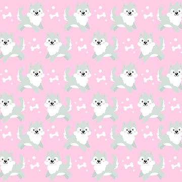 Vector pattern with kawaii cute dogs on a pink background. Joyful and happy cartoon puppies jump in different directions. Textiles for children's things.
