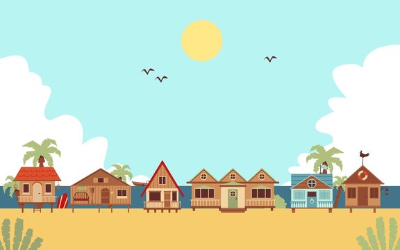 Tropical beach with resort houses or bungalows flat vector illustration.