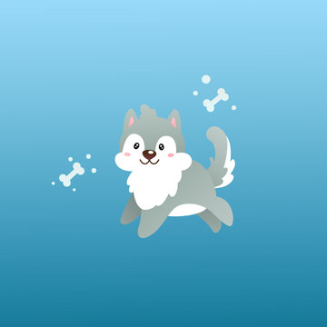 Vector Gradient Illustration With A Cute Dog On A Blue Gradient Background. Gray Husky Puppy Happy And Joyful Jumps Forward. Near It Are Two Sugar Bones. Cartoon Kawaii Illustration For Baby.
