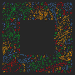 Brazilian vector pattern with palm, beach, sea, carnival. Brazil icons for posters and banners.