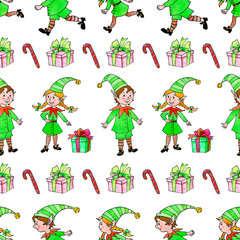 Light seamless pattern with Christmas elfes, gift boxes, candy cane, sweets. New year Xmas backgrounds and texture. Seamless color pattern for greeting cards, wrapping paper, textile, fabric, print