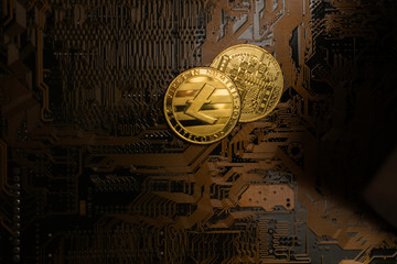 Bitcoins on circuit boards. financial concepts.