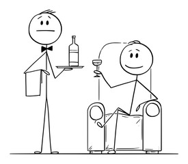 Vector cartoon stick figure drawing conceptual illustration of rich man sitting in armchair or chair, with glass in hand and his servant or valet in standing near and holding bottle on tray.