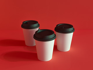 3d model of paper cups on the plane under natural light. Red background. 3d renderer.