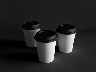 3d model of paper cups on the plane under natural light. Black background. 3d renderer.