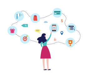 Customer journey a woman making choice online, flat vector illustration isolated.