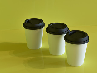 3d model of paper cups on the plane under natural light. Green background. 3d renderer.