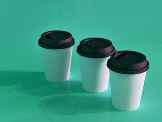 3d model of paper cups on the plane under natural light. Turquoise background. 3d renderer.