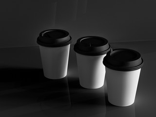 3d model of paper cups on the plane under natural light. Black background. 3d renderer.