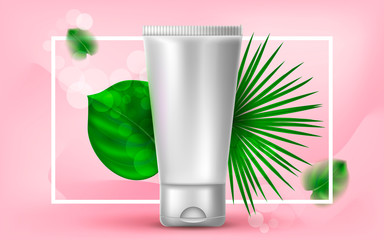 Vector realistic cosmetic illustration with a plastic tube of cream or lotion. Tropical palm leaves on a pink background. Banner for the advertising and promotion of facial cosmetic products.
