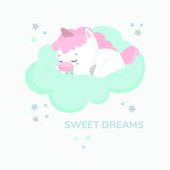 Vector illustration of a baby unicorn sleeping on a cloud. A white unicorn with a pink horn and hooves sleeps sweetly and dreams. Around a blue cloud on which a tiny little unicorn burns stars.