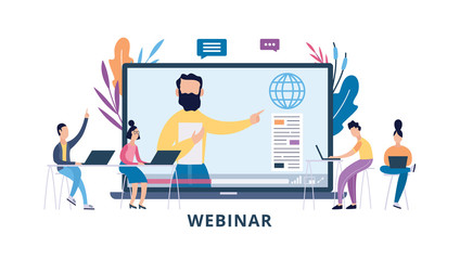 Online webinar or seminar with cartoon people flat vector illustration isolated.