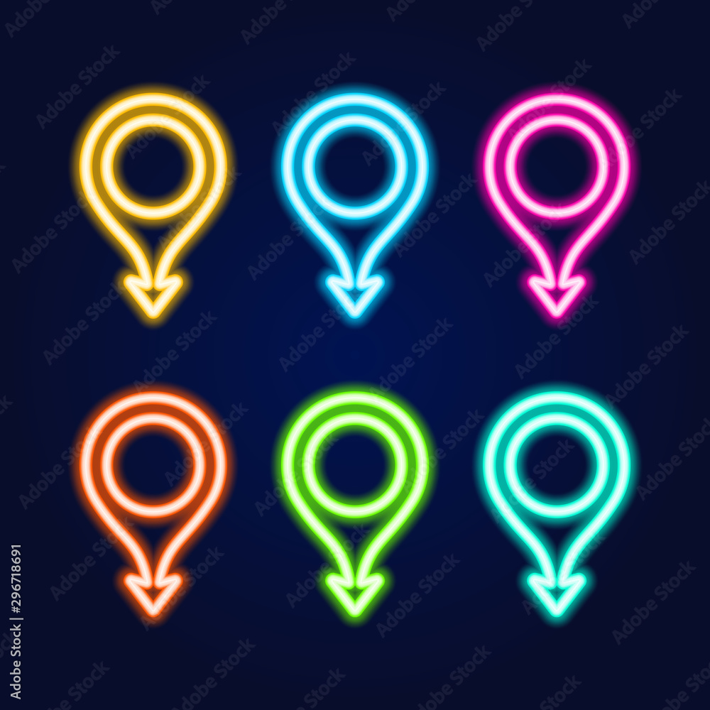 Poster vector set of realistic isolated neon sign with arrow of map pin for decoration and covering on the 