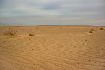 Fototapeta na wymiar empty desert sand dunes dirt ground scenic landscape horizontal background line with gray cloudy sky 