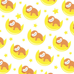 Vector pattern with baby sloth. Little sloth sleeps on the moon and has sweet dreams. There are yellow stars near the moon. Pattern for baby products.