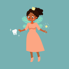 Young american afro girl tooth fairy. Vector illustration with white clean tooth and tooth fairy. A young fairy in a pink dress, with a crown on her head and a magic wand with a star brushes her tooth