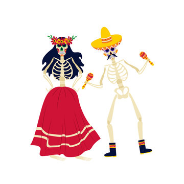 Skeletons in costumes for Dia de los Muertos flat vector illustration isolated.