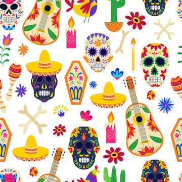 Seamless pattern for Day of the Dead with skulls and guitars, vector illustration.
