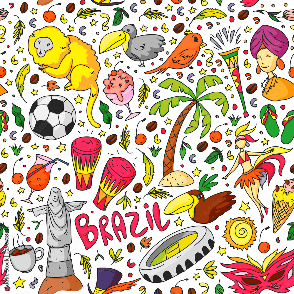 Wall mural Rio de janeiro Brazil. Vector pattern with national symbols.