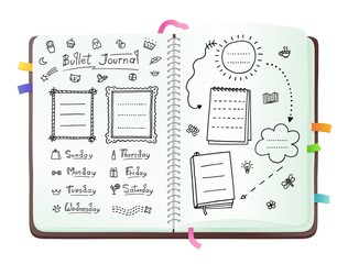 Bullet journal pages with doodle drawings and week layout
