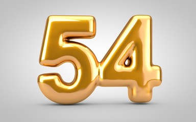 Golden metallic balloon number 54 isolated on white background.