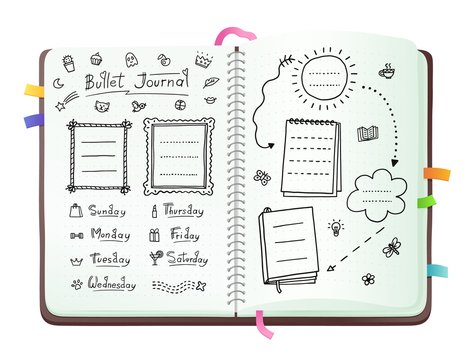Bullet journal pages with doodle drawings and week layout