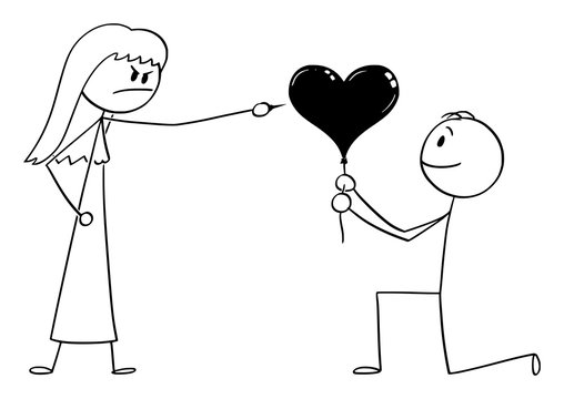 Vector cartoon stick figure drawing conceptual illustration of man in love kneeling and giving heart shape ballon to woman. She is rejecting using pin to burst t