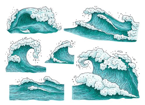 Set of hand drawn ocean water waves cartoon vector illustrations isolated.