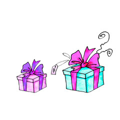 Gift, present box. Christmas, new year, birthday, other holiday. Simple watercolor illustration for greeting cards, calendars, prints, children's book. Doodles, line art, hand drawn