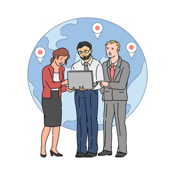 Business people communicating on globe background, sketch vector illustration.