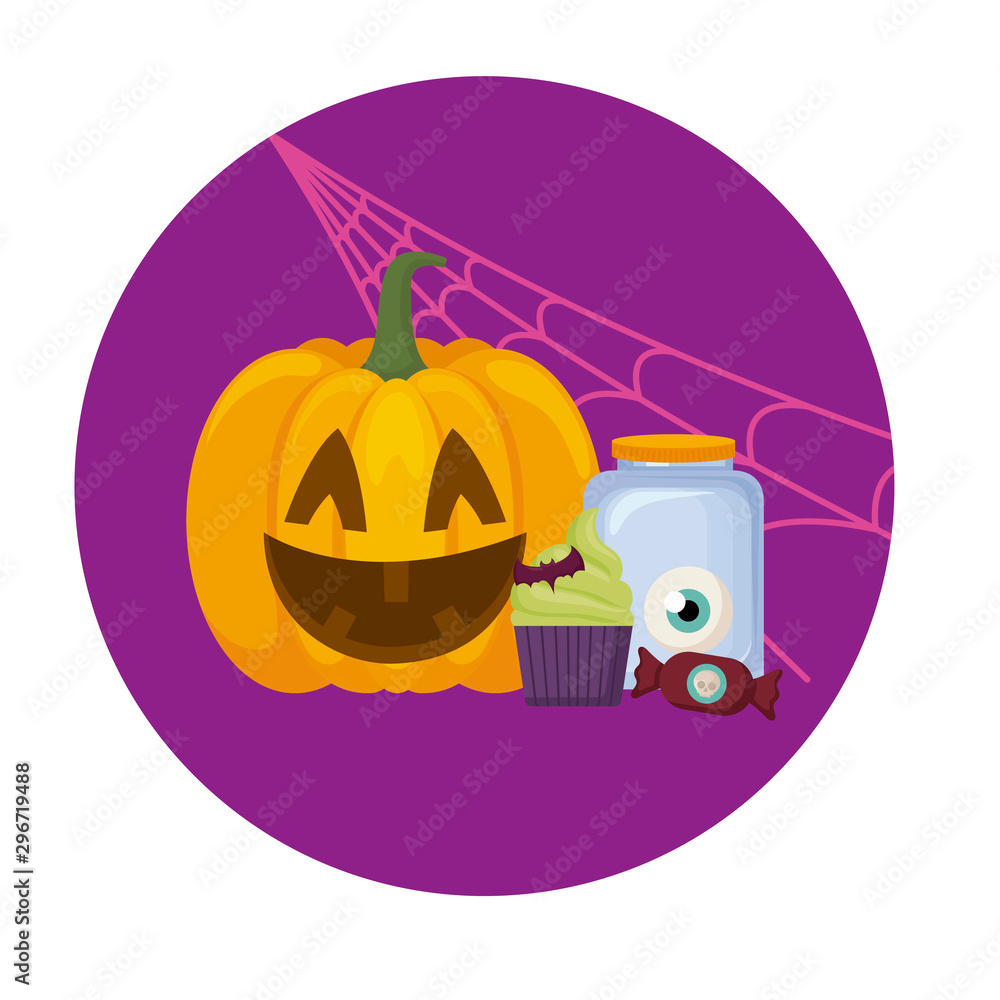 Poster scene of pumpkin with icons halloween