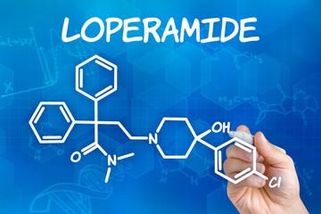 Hand with pen drawing the chemical formula of Loperamide