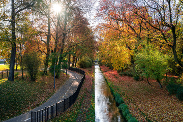 Fototapeta na wymiar River and bicycle path in the city park in autumn. Sun rays shining through the branches of trees. Bialystok in Poland. Europe