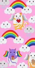 flying kitty pattern winged kawaii with cloud and rainbow 
