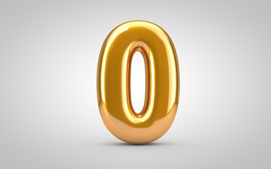 Golden metallic balloon number 0 isolated on white background.