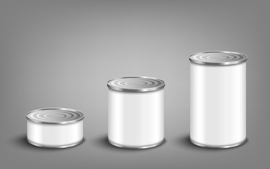 Set of various sizes food tin cans realistic vector mockup illustration isolated.