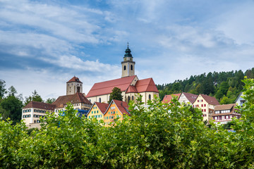 Fototapeta na wymiar Germany, Beautiful cathedral and old town houses of black forest village horb am neckar surrounded by green trees with blue sky