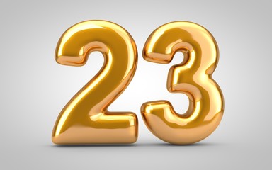 Golden metallic balloon number 23 isolated on white background.