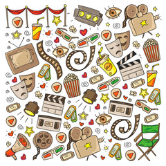Cinema pattern with vector icons for wrapping paper, posters, backgrounds, tickets.
