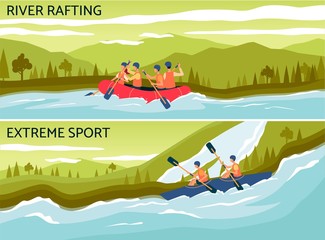 River rafting - extreme water sport banner with cartoon people on raft boat - obrazy, fototapety, plakaty