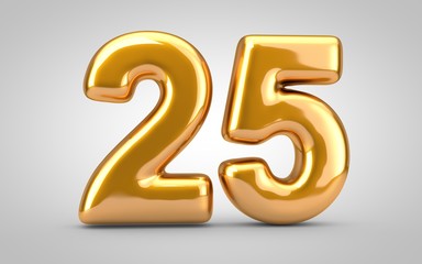 Golden metallic balloon number 25 isolated on white background.