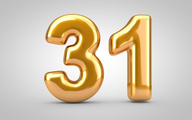 Golden metallic balloon number 31 isolated on white background.