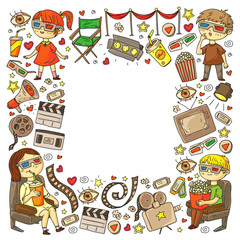 Cinema pattern with vector icons for wrapping paper, posters, backgrounds, tickets.