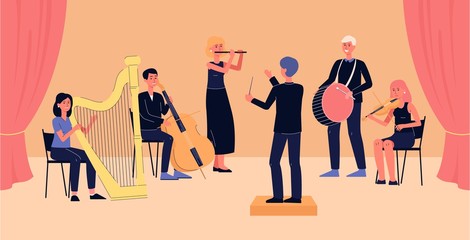 Symphony orchestra banner - cartoon people with musical instruments