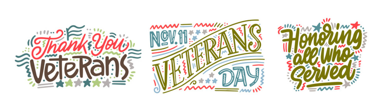 Set for Veterans Day. Memorial Day. Modern vector hand drawn calligraphy for your design. Vector illustration.