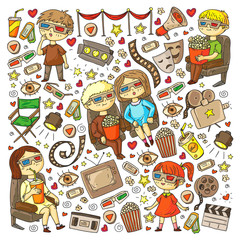 Cinema pattern with vector icons for wrapping paper, posters, backgrounds, tickets.