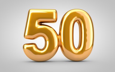 Golden metallic balloon number 50 isolated on white background.