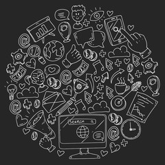 Digital marketing, social media, communications, management. Background for banners.