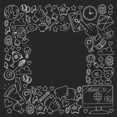 Digital marketing, social media, communications, management. Background for banners.